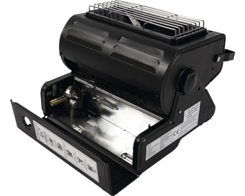 Încălzitor negru pe gaz cu accesoriu grătar pentru exterior
