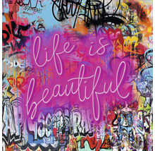 Pictură murală cu motive graffiti și inscripția Life is beautiful (Viața este frumoasă).