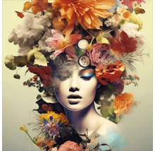 Portretul unei femei cu coafură florală și machiaj