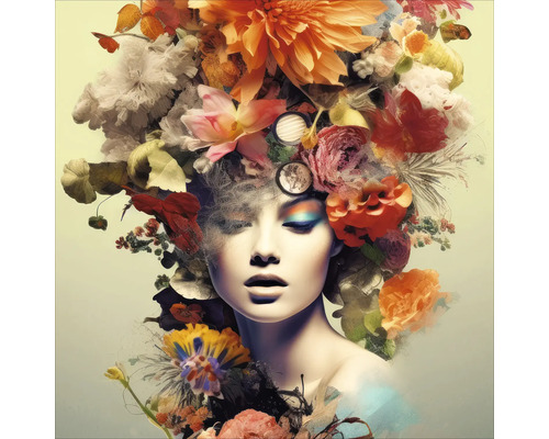 Portretul unei femei cu coafură florală și machiaj