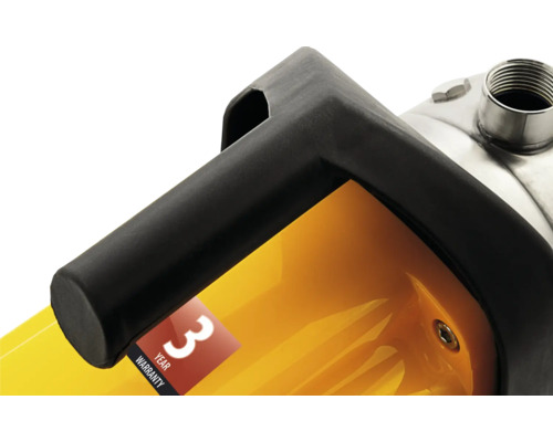 Imagine detaliată cu o pompă de apă cu mâner negru și informații despre garanție