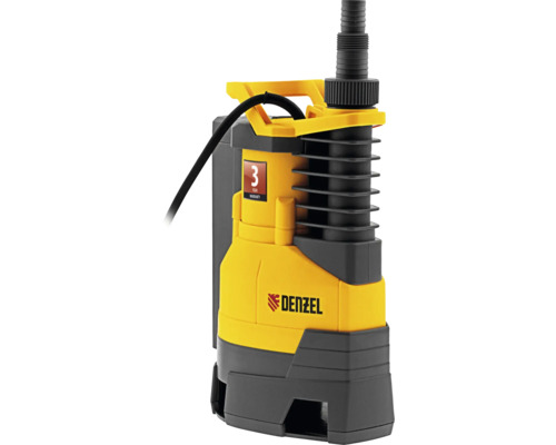 Pompă de apă uzată galbenă și gri cu sigla Denzel și garanție de trei ani