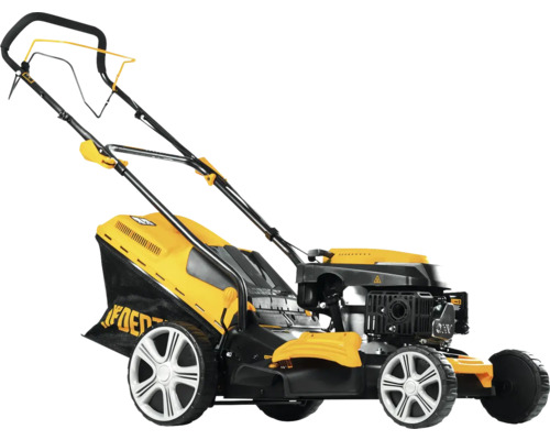 Mașină de tuns iarba pe benzină, de culoare neagră și galbenă, cu coș colector