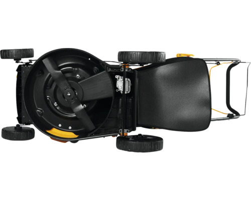 Partea inferioară a unei mașini de tuns iarba cu cuțit și roți