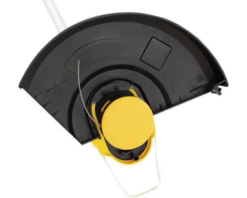 Imagine detaliată cu o mașină de tuns iarba cu cap de tăiere cu fir și apărătoare