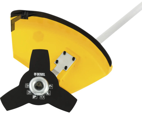 Logo Denzel pe un cap de trimmer cu trei lame și dispozitiv de protecție