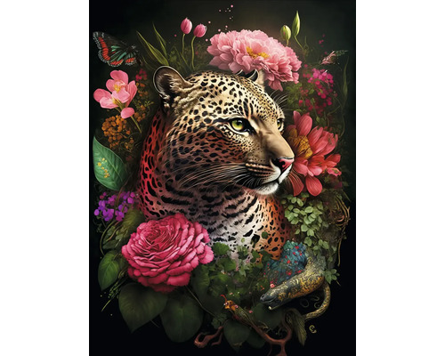 Tablou sticlă Leopard With Flowers 60x80 cm
