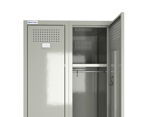 Dulap metalic cu un compartiment deschis și unul închis. Logo Metkac