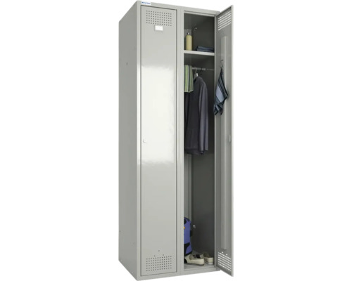 Dulap metalic gri deschis, cu haine și obiecte personale