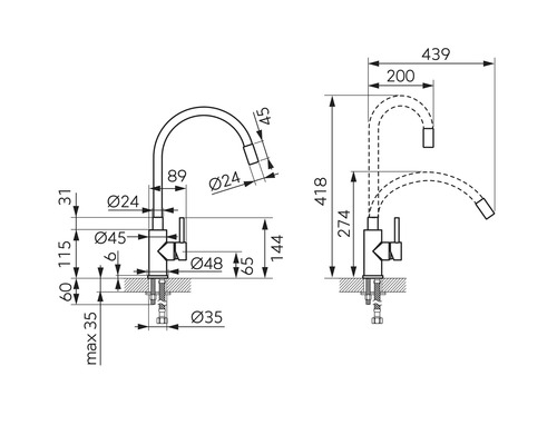 Desen tehnic al unei baterii de bucătărie cu dimensiuni