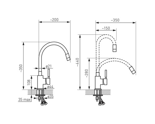 Desen tehnic al unei baterii de bucătărie cu dimensiuni