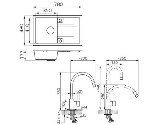 Desen tehnic cu chiuvetă cu robinet și dimensiuni