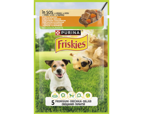 Hrană umedă pentru câini PURINA Friskies Adult cu pui și morcovi în sos 85 g Hrană pentru câini Friskies cu pui și morcovi în sos