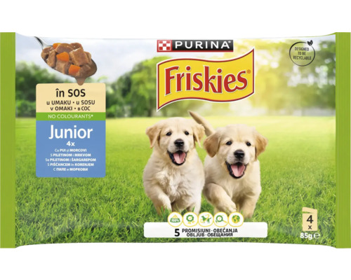 Hrană umedă pentru câini PURINA Friskies Junior cu pui și morcovi în sos 4x85 g Pachet multiplu de hrană pentru căței Friskies Junior în sos