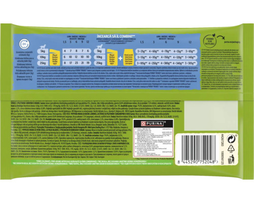 Informații despre recomandările de hrănire și ingrediente pe un ambalaj Purina Friskies Junior
