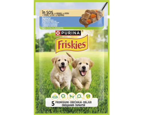 Hrană umedă pentru câini PURINA Friskies Junior cu pui și morcovi în sos 85 g Friskies Junior hrană umedă pentru câini cu pui și morcovi
