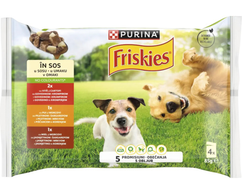 Hrană umedă pentru câini PURINA Friskies Adult cu pui și morcovi, vită și cartofi, miel și morcovi în sos 4x85g