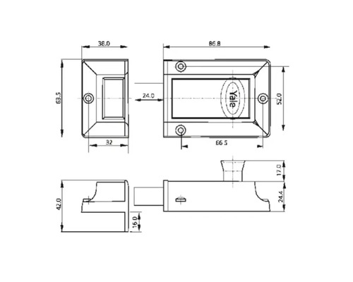 Desen tehnic al unei încuietori cu zăvor Yale cu dimensiuni