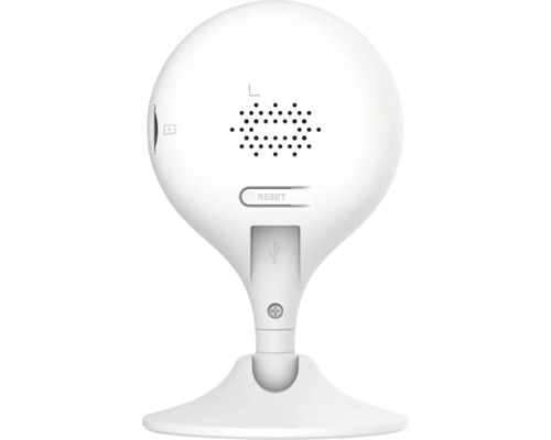 Cameră de supraveghere albă cu difuzor și buton de resetare