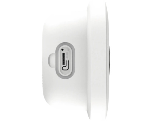 Vedere de sus a unei camere de securitate albe cu slot pentru card Micro SD și buton de resetare