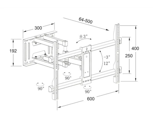 Desen tehnic al unui suport de perete pentru televizor cu dimensiuni