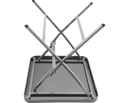 Vedere de dedesubt a unei mese pliante gri cu cadru metalic