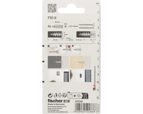 Ambalaj dibluri Fischer FID II cu instrucțiuni de montaj și informații despre șuruburi