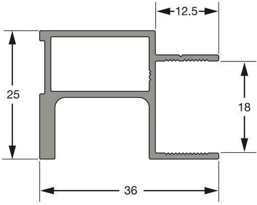 Imagine a unui profil cu dimensiunile de 25 mm înălțime, 36 mm lățime, 18 mm înălțime și 12,5 mm lățime.
