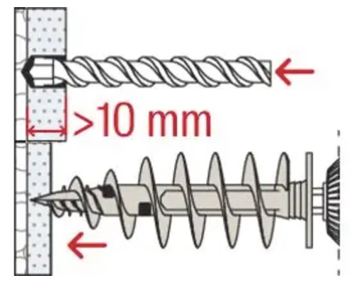 Ilustrație cu un șurub cu o indicație a unei adâncimi minime de 10 milimetri