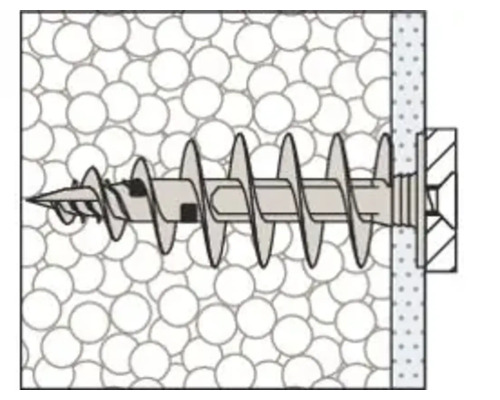 Ilustrație a unui diblu pentru cavități fixat într-un perete