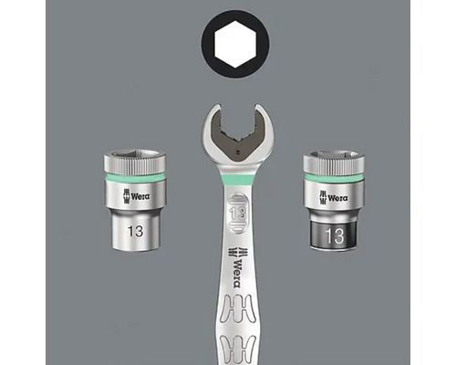 Cheie inelară cu logo Wera, cu două capete de cheie tubulară și simbol hexagonal