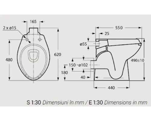 Desen tehnic al unui WC cu dimensiuni