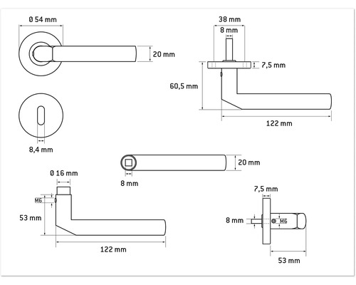 Desen tehnic al unui mâner de ușă cu dimensiuni