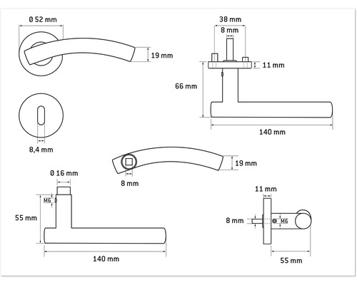 Desen tehnic al unui mâner de ușă cu dimensiuni