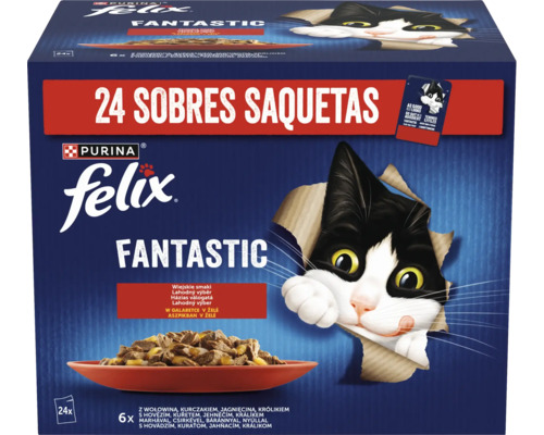 Hrană umedă pentru pisici PURINA Felix Fantastic Selecție Rustică cu vită, pui, iepure, miel în aspic 24x85 g