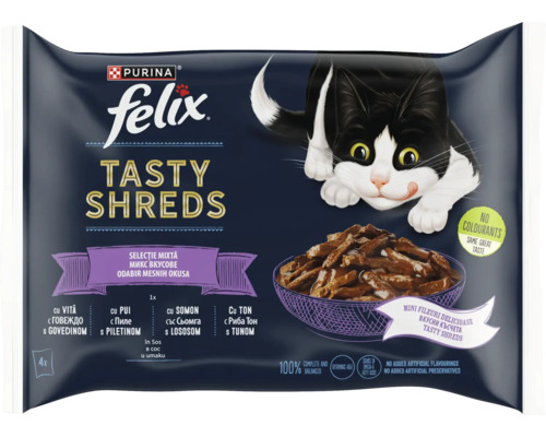 Hrană umedă pentru pisici PURINA Felix Tasty Sheeds cu vită, pui și somon 4x80 g