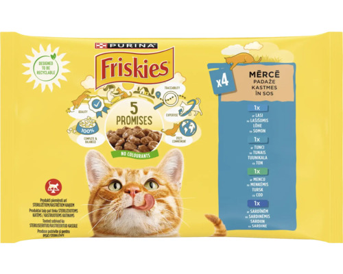 Hrană umedă pentru pisici PURINA Friskies Adult cu cod, somon, sardină, ton în sos 4x85 g