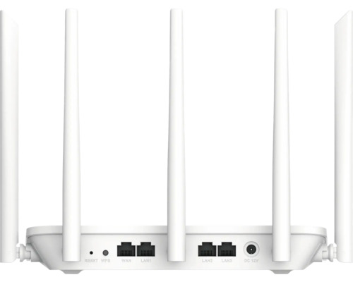 Router wireless alb cu cinci antene și conexiuni pentru Reset, WPS, WAN, LAN