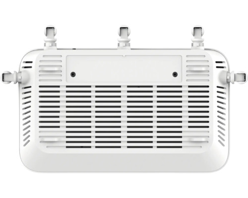 Vedere din spate a unui router WiFi alb cu antene și fante de ventilație