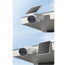 Două vederi ale unei camere de securitate cu panou solar pentru montare în exterior.