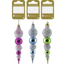 Trei ornamente de globuri de Crăciun suprapuse, strălucitoare, atârnate de sfori pentru decorare