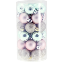 Globuri de pom de Crăciun în diferite modele și culori într-un tub transparent