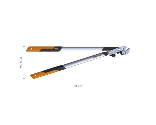 Foarfece de crengi cu pârghie, cu o lungime de 80 cm și o lățime a capului de tăiere de 25,5 cm.
