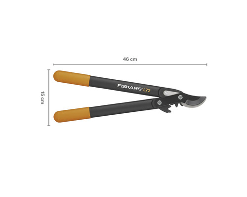 Foarfecă de crengi cu transmisie Fiskars L72 cu o lungime de 46 cm și o lățime de 15 cm.