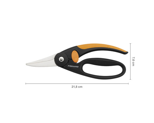Foarfecă pentru ierburi aromatice Fiskars cu o lungime de 21,8 cm și o înălțime a mânerului de 7,6 cm.