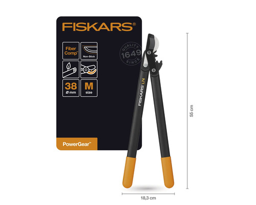 Sigla Fiskars. Foarfecă cu clichet Fiskars PowerGear L74 cu FiberComp și strat antiaderent, diametru de tăiere 38 milimetri, dimensiunea M, lungime de circa 55 centimetri și lățime de 18,3 centimetri.