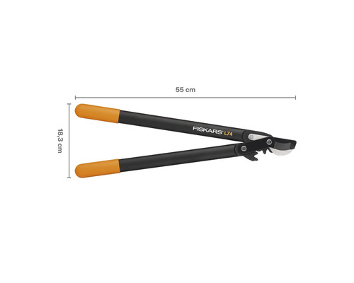 Foarfecă de grădină cu mecanism de transmisie Fiskars L74, cu o lungime de 55 cm și o lățime de 18,3 cm.