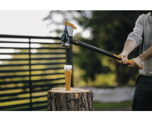 Despicător de lemne pe un butuc și persoană cu un ciocan de despicat