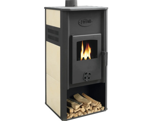 Șemineu cu compartiment pentru lemne și logo Ferroli