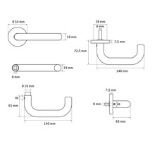 Desen tehnic al unui mâner de ușă cu dimensiuni